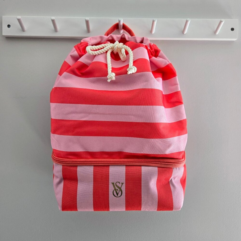 Victoria’s Secret Pink and Red Stripe Drawstring Cooler Backpack New With Tags